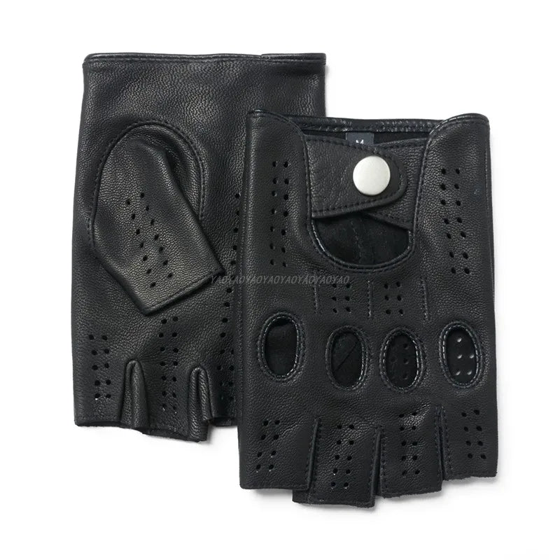 Leather Gloves Men Double Row Holes Red Lined Cycling Mittens Male Unlined Thin Black Bike