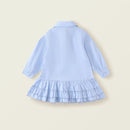 Spring Arrival Kids Blue Pleated Lace Dress Casual Collared Shirt Dress for Toddler & Young Children