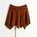 Retro Girl Suede Pleated Short Skirt with High Waist Genuine Leather