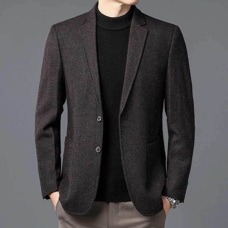 Men Elegant Tweed Blazer Coffee Red Gray Tailored Outfits Sheep Woolen Blended Outfits