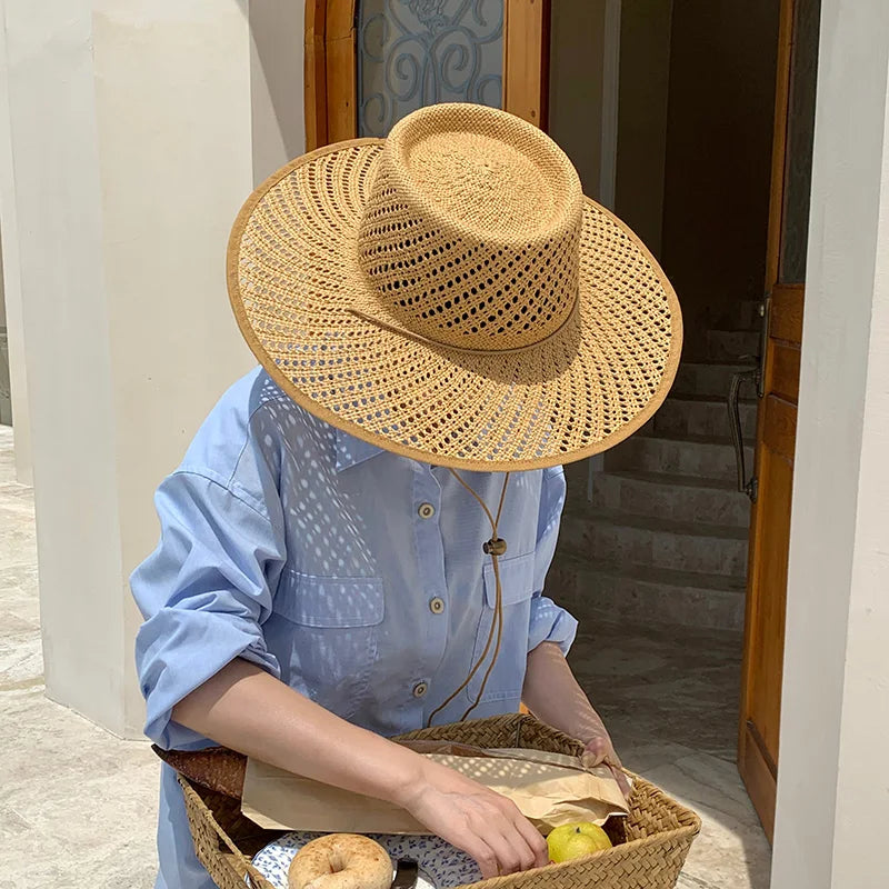 Hollow Big Brim Beach Straw Hats For Women With Straps Design Summer Sun Hats Lady Panama Fedora Hat