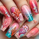 Summer Fresh False Nails Tips Long Cute Underwater World Press On Nails Ocean Series Wearable Nails Coral Nails