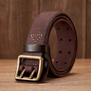 Brown leather belt with brass buckle on a wooden surface, Obroi
