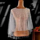 Pearl Beaded Tulle Bridal Cape Short Wedding Shawl Sheer Pink Bolero Cover Up For Wedding Dress