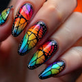 Nails with colorful butterfly design on a blurred background, Obroi