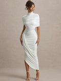 Backless Ruched Dress Women Summer Turtleneck Slim High Waist Evening Club Party Long Dress