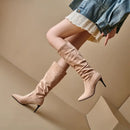 Women Long Boots Flock Pointed Toe Thin Heels 7.5cm Slip On Large Size 47 48 High Bota