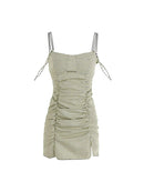 Green Plaid Pleated Slim Dress Women Beading Camisole One-Piece Frocks
