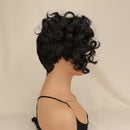 Short, curly black wig displayed on a mannequin head and neck against a plain light beige background, Obroi