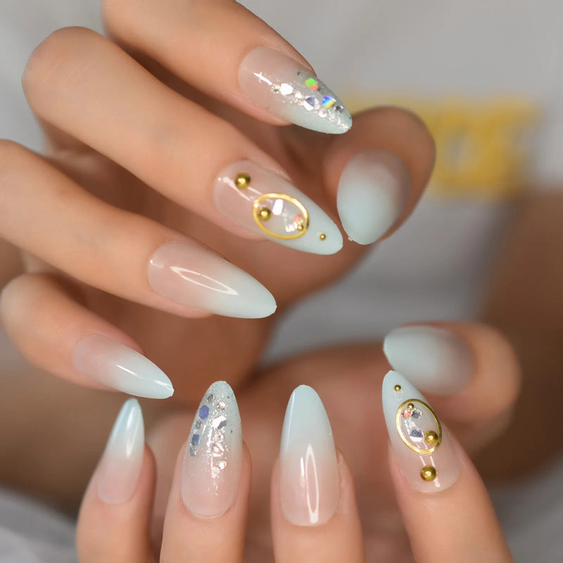 Almond Bling Press On Nails Medium Length Ombre False Nail Tips Gold Ring Glossy Fake Nails Designer