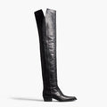 Black knee-high boot on a white background with 'Obroi' branding, Obroi