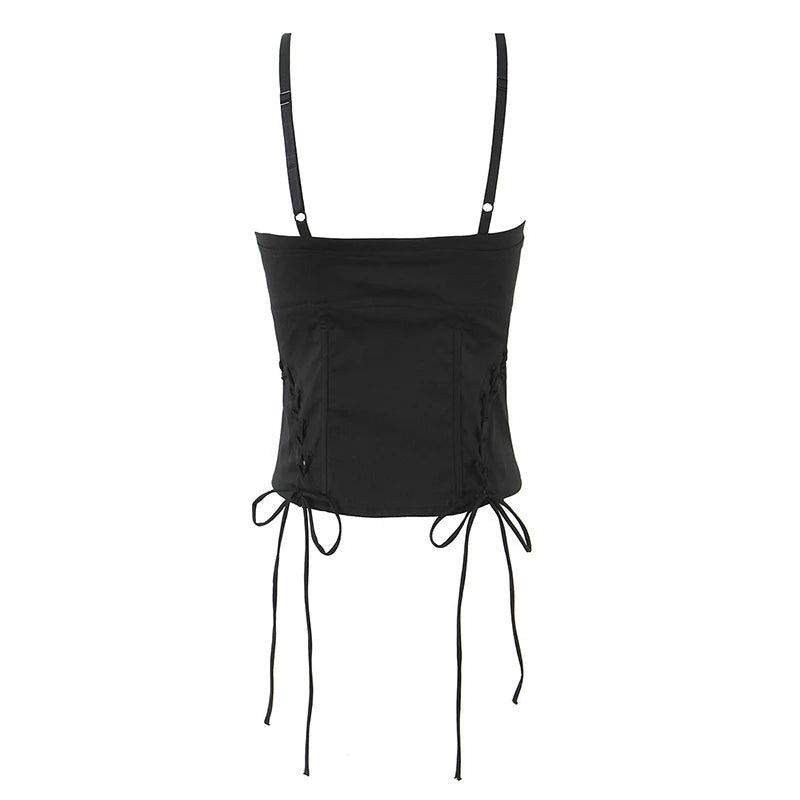 Girl Front Hollow Out Black Summer Cross Lacing Up Bow Bandage Waist Crop Tank Tops