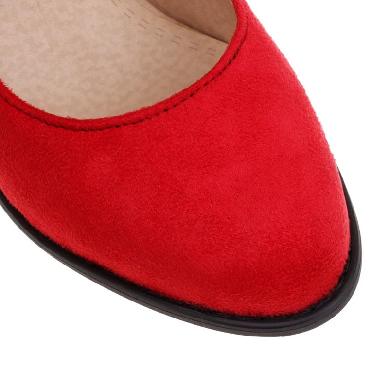 Women Pumps Round Toe Block Heels Flock Buckle Strap Elegant Solid