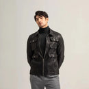 Mens Autumn Multi Pockets Real Coat Zipper Slim Fit Moto Biker Genuine Leather Jacket Windproof Coats