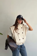 Women High Neck Pleated Sleeveless Vest Double Breasted Cropped Casual Waistcoat Chic Outerwear
