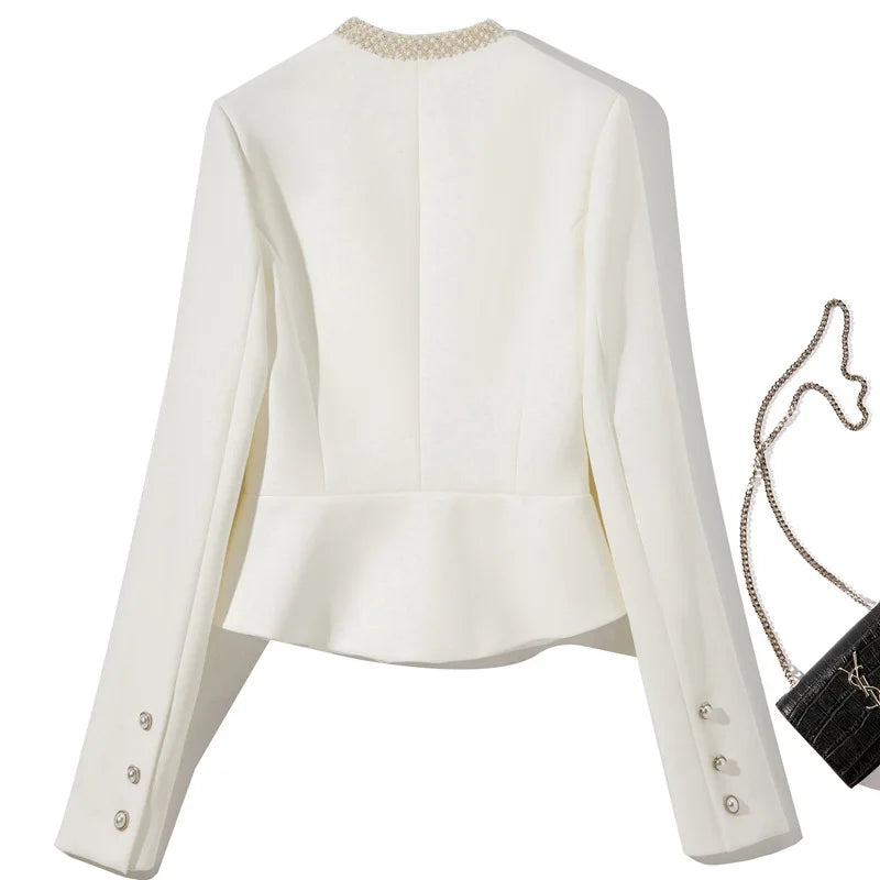 Spring Designing Vintage Style Exquisite Beading Rhinestone Chic Slim Outwear Women Retro Short Blazer