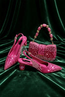 Slingback Heels Matching Clutch Bag Set Women Luxury Crystal Pointed Shoes for Wedding Evening Party