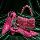 Slingback Heels Matching Clutch Bag Set Women Luxury Crystal Pointed Shoes for Wedding Evening Party