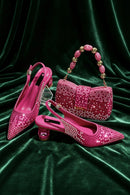Fuchs Color Rhinestone high heel shoe And Bag Pointed-Toe Women Shoes