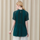 Silk Green Jacquard Women T-shirt Half-high Collar Raglan Sleeves Hem Split Straight Loose Tops