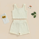 Summer Kids Girl Outfits Buttons Sleeveless Rib Knit Tops Elastic Waist Shorts Clothes Set