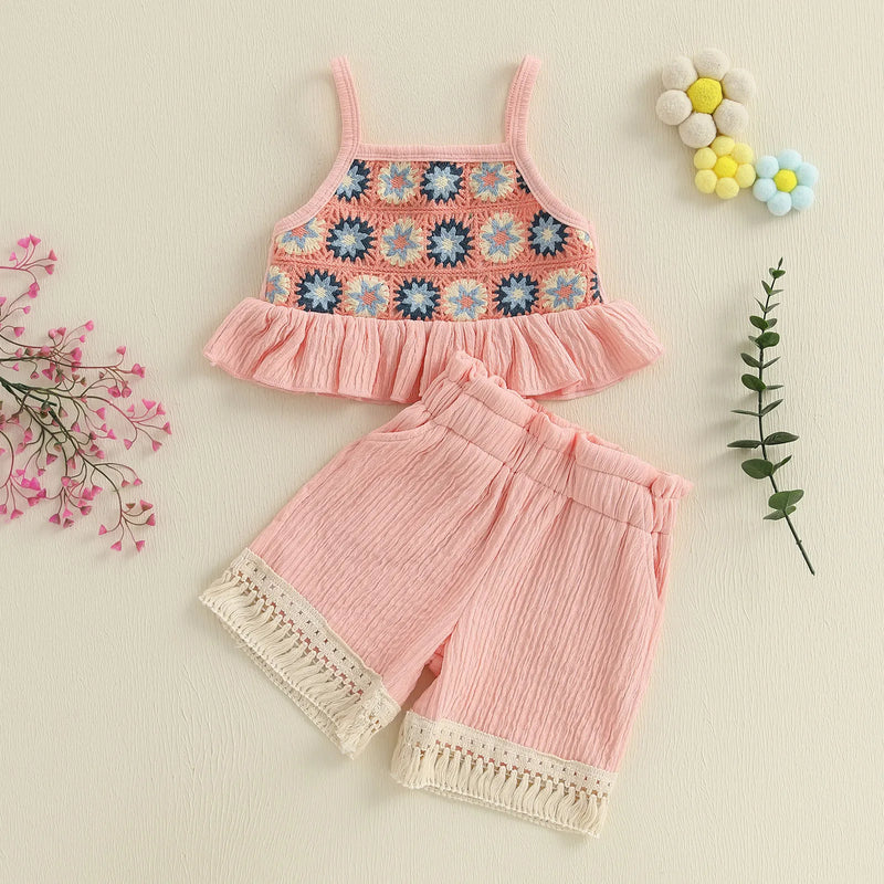 Children Girls Summer Clothing Set Toddler Two Pieces Outfits Set Floral Ruffled Sleeveless Tank Tops Tassel Shorts Set