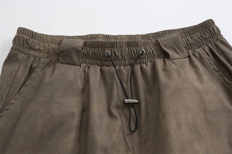 Pleated Pocket Cargo Pants Mens High Street Spring Summer Elastic Waist Loose Wide Leg Trousers Men