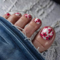 Summer Floral Toenails 24Pcs Short Square Press On Nails Red Flower Barefoot Decor Stick-on Nails Patches