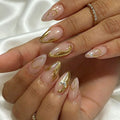 24pcs Metal Gold Lines French Press On Nails Glossy Medium Almond False Nails Full Cover Gold French Tips