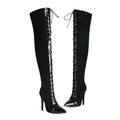 Black knee-high boots with high heel on a white background, featuring the brand 'Obroi'.