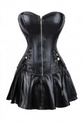 Women's Gothic Leather Corset and Skirt Set, Steampunk Lace-Up Bustier Punk Outfit