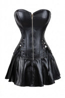 Women's Gothic Leather Corset and Skirt Set, Steampunk Lace-Up Bustier Punk Outfit