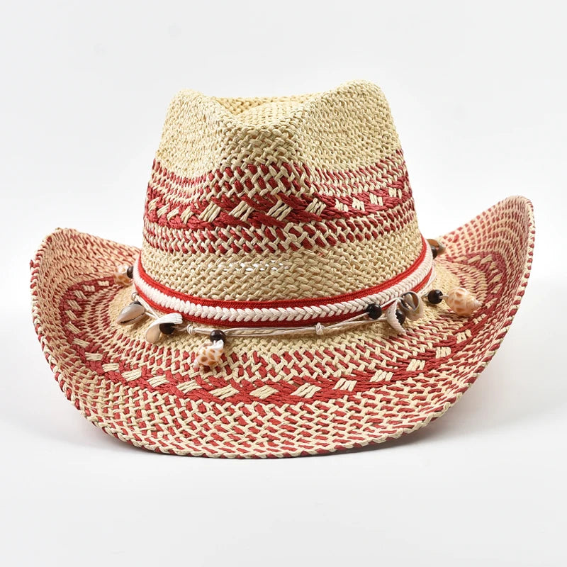 Natural Straw Hats for Women Ethnic Western Cowboy Hat Summer Holidays Beach Sun Hat