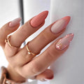 Hand with pink gradient nails and gold rings on a white background, Obroi