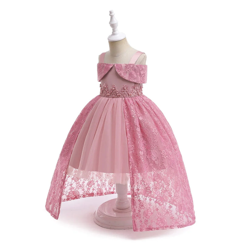 Formal Lace Trailing Party Girl Dress For Children Costume Off Shoulder Princess Kids Clothes Birthday Wedding Gown