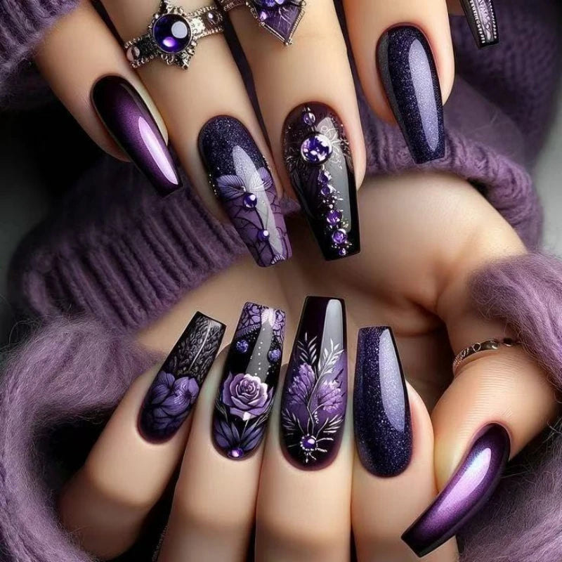 Purple Flower Press on Nails 24Pcs Wearable Fake Nails Flower Woman DIY Manicure Acrylic False Nails Tips