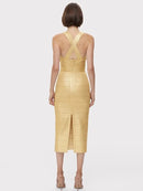 Women's Stamped Sleeveless Tassel Tight Midi Bandage Dress Elegant and Cutting Club Evening Dress