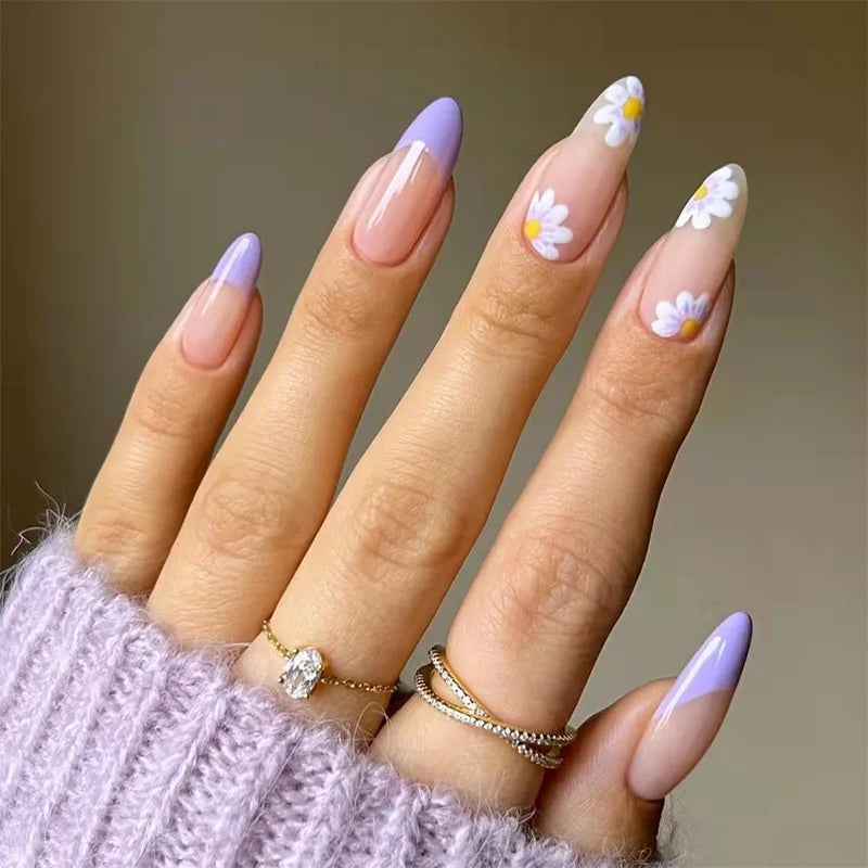 24pcs Free Glue Press on Nail Tip Nails Design Manicure Fresh Floral Almond Water Droplet Shaped Nails