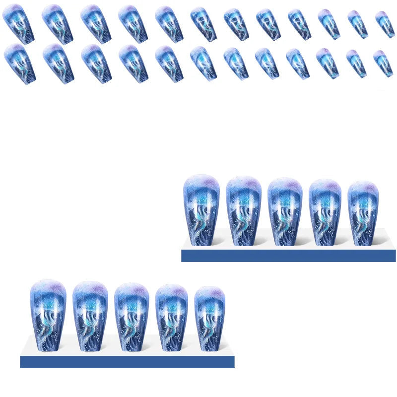 24pcs Set Short Square Glossy Ballerina Nails Jellyfish Blue Sea Wave Flowers Geometric Design Press on False Nails