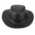 Black leather cowboy hat with braided band on a white background, Obroi