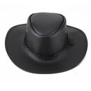 Black leather cowboy hat with braided band on a white background, Obroi