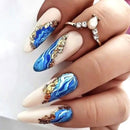 Almond Press on Nails Medium Fake Nails Pink Acrylic False Nails with Blue Marbling Designs