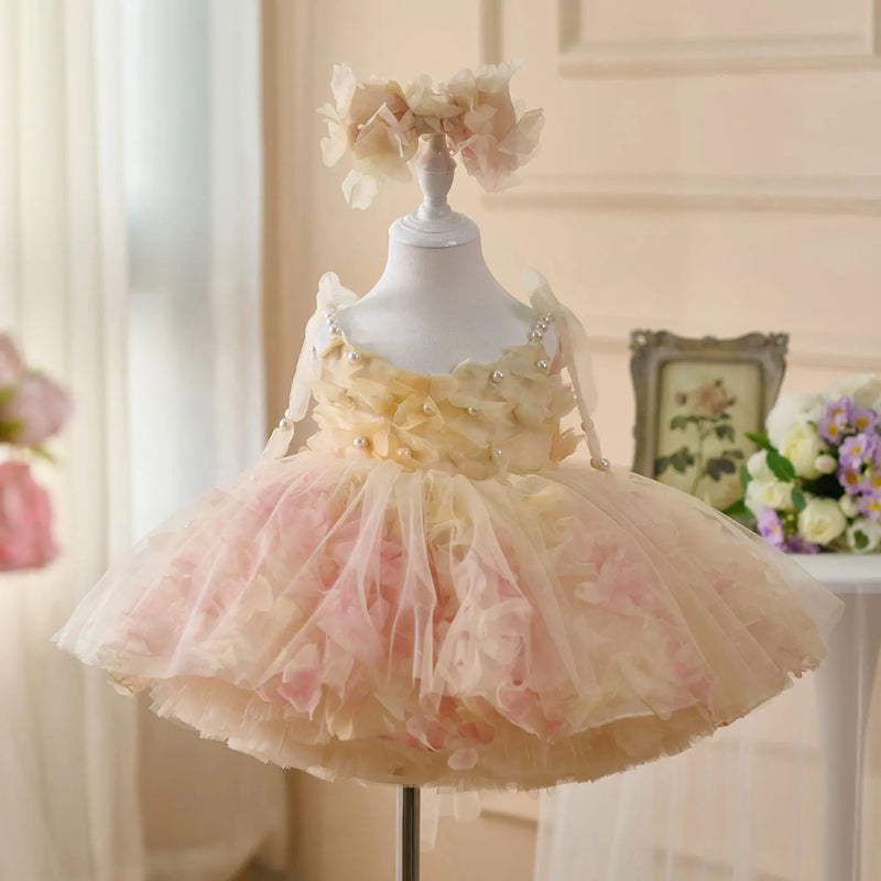 Flower Girl Dresses with Hairband Pearls for Baby Kids Wedding 1st Birthday Pageant Party