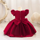 Baby Girl Puff sleeve bow Silk Dresses Birthday Party Dress Flower Girl Princess Dress