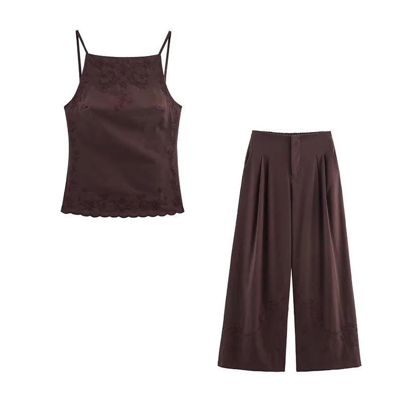 Floral Embroidery Backless Camis Top Women Holiday Summer Brown Tops