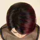 Mannequin head with a wig featuring black and burgundy hair, branded 'Obroi'.
