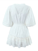 Spring Summer Dress Women Casual High Waist Short Embroidery Lace Stitching Layered Ruffled Mini Dress