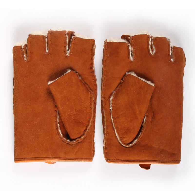 Winter Real Leather Gloves Genuine Leather Fingerless Gloves Natural Wool Lined Warm