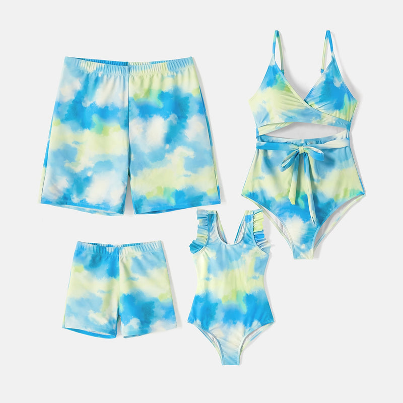 Family Matching Tie Dye Cut Out One-piece Swimsuit and Swim Trunks