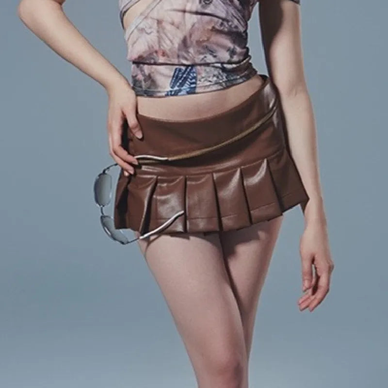 Leather Pleated Mini Skirt With Shorts lining Sexy Zipper Low Waist Short Skater Coffee White Black